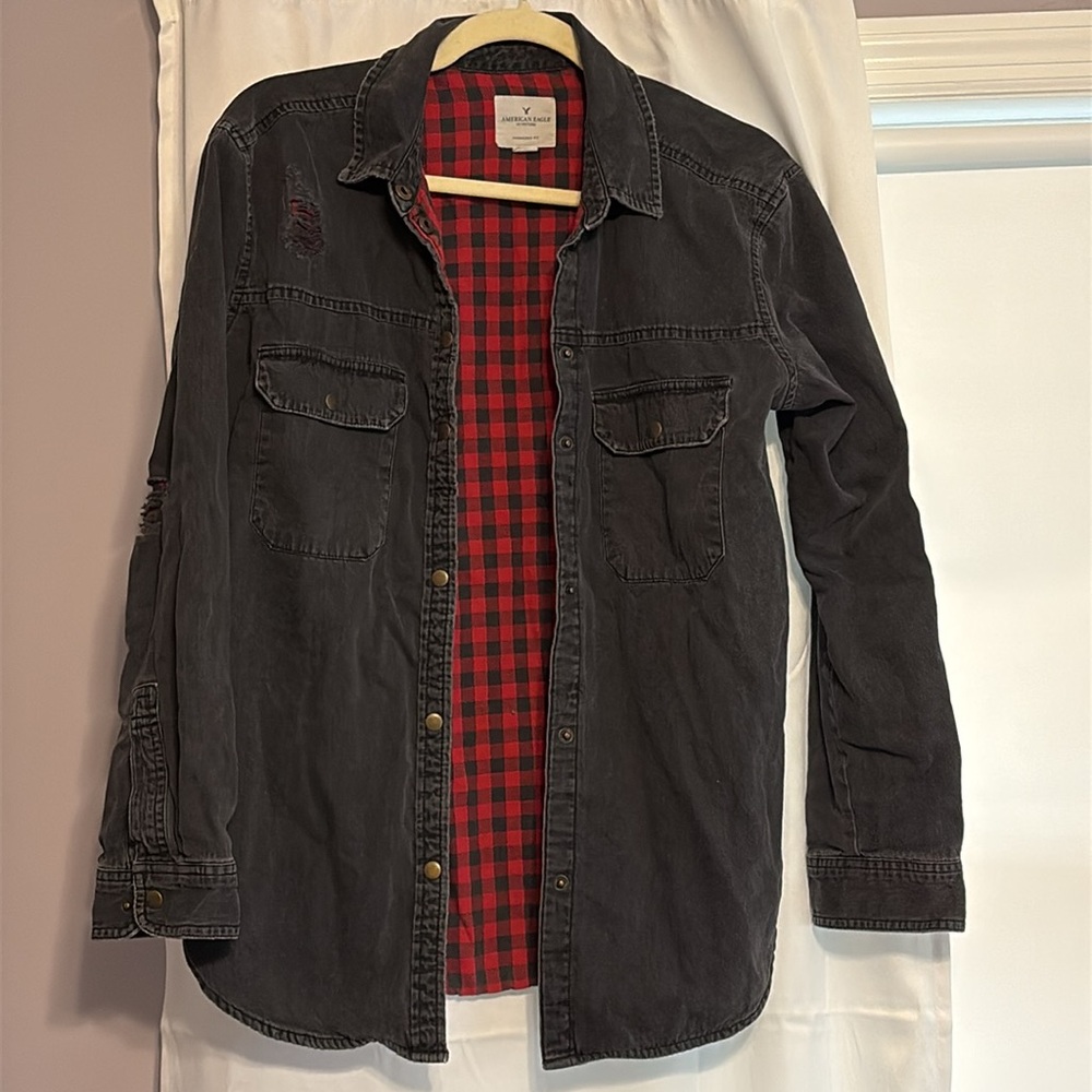 American Eagle Distressed Denim Jacket lined with Plaid Flannel Oversized Fit